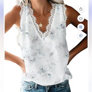VIISHOW Womens V Neck Dressy Floral Lace Trim Sleeveless Top - White